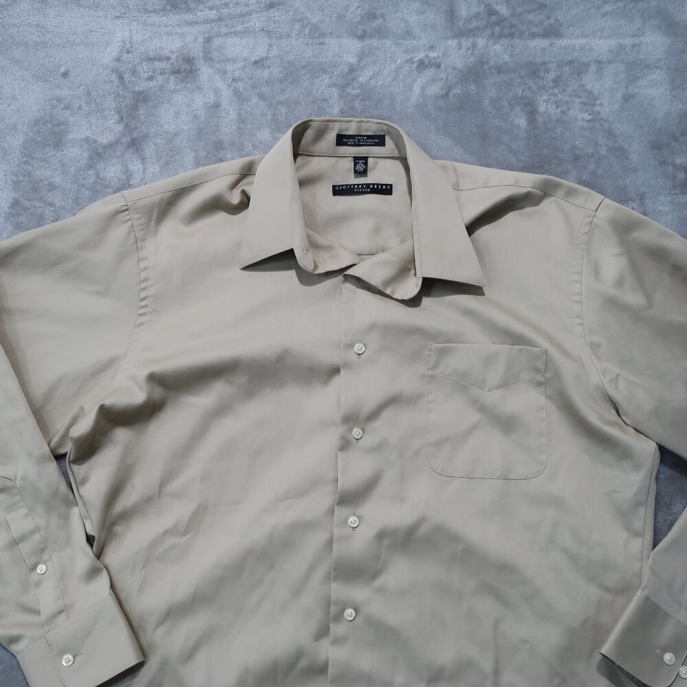 Geoffrey Beene Fitted Button Down Mens Wrinkle Free Sateen Shirt Cream Tan XL - Picture 2 of 12